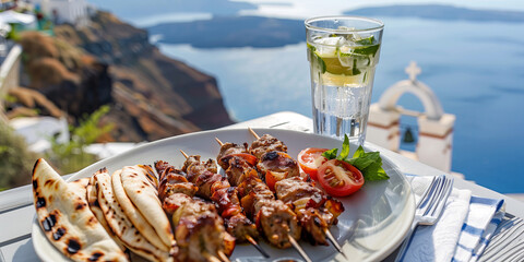 Grilled souvlaki with pita bread and a glass of ouzo on a table, Santorini white houses and blue sea in the background.