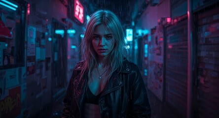 Blonde Cyber Siren in Neon Alleyway with Electric Rainfall Reflections