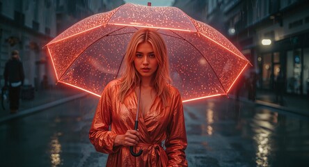 Blonde in Metallic Wrap Dress Holding Neon Umbrella in Synth Rainstorm Street Scene