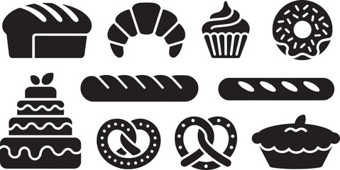 Black and White Bakery Goods Vector Icons Set Loaf Croissant Cupcake Donut Cake Baguette Pretzel Pie