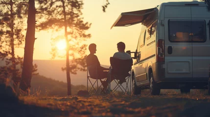Fototapete Fotos Camping. Vacation. Modern camper van motorhome. Travel. Small house on wheels. White camper van parking on beautiful landscape. Travel and adventure tourism trip concept  © stas_malyarevsky