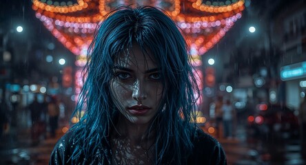 Blue haired model with glowing facial lines staring intensely in front of LED street shrine in rain