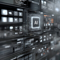 Obraz premium AI technology interface with digital screens and holographic elements, showcasing futuristic design and innovation