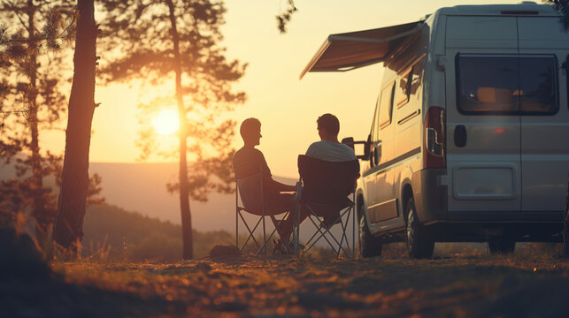 Camping. Vacation. Modern camper van motorhome. Travel. Small house on wheels. White camper van parking on beautiful landscape. Travel and adventure tourism trip concept