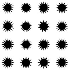 Fototapeta premium Twelve stylized sun icons: minimalist black sunburst illustrations, graphic design elements, vector set.