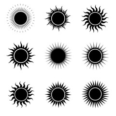Twelve stylized sun icons: minimalist black sunburst illustrations, graphic design elements, vector set.