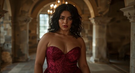 Curvy African Enchantress in Deep Burgundy Corset Inside Candlelit Stone Castle Hall