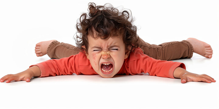 Toddler having a temper tantrum or meltdown on the floor at home.