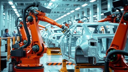 Fototapeta premium Advanced robotic arms work meticulously on car bodies in a modern automotive manufacturing plant, showcasing high-tech industrial automation and efficiency.