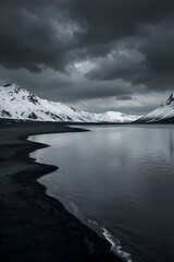 Naklejka premium paesaggio nordico con veduta di spiaggia dalla sabbia nera monti innevati e acque. cupe