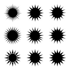 Twelve stylized sun icons: minimalist black sunburst illustrations, graphic design elements, vector set.
