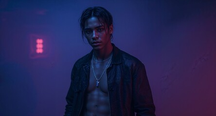 Dark skinned male in open mesh jacket posing in cyberpunk nightclub haze
