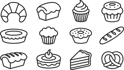 Nine Black Line Drawings of Baked Goods Croissant Loaf Cupcake Donut Tart Muffin Baguette Cake