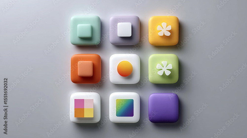 Poster colorful 3d abstract icons arranged in grid on smooth gray background, featuring various shapes and 