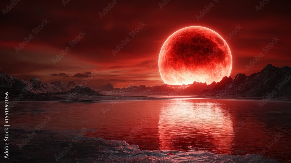 Poster an otherworldly scene showcases a massive red moon setting over distant mountains, casting an enchan