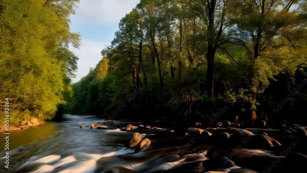 Poster river flowing through a dense forest with golden sunbeams filtering through green trees at twilight 