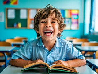 A happy young student, with a beaming smile, sits at his classroom desk, happily engaged with an open book.