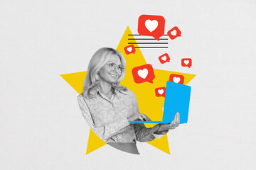 Banner creative art collage of happy aged woman hold laptop receive like notification popular...