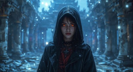 Glowing Eyed Asian Cyber Sorceress on Hologram Filled Temple Ruins Background