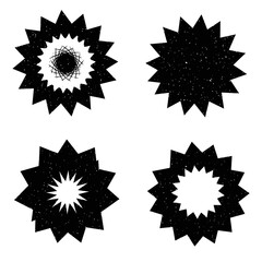 Twelve stylized sun icons: minimalist black sunburst illustrations, graphic design elements, vector set.