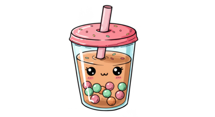 Cute Kawaii Boba Tea Transparent Illustration Refreshing Pearl Drink