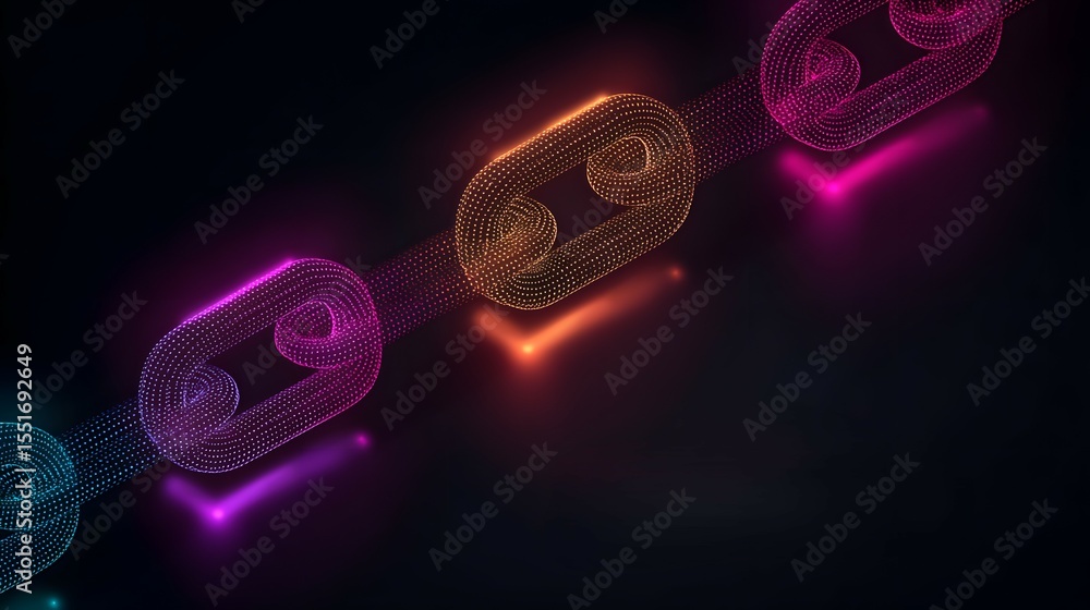 Poster a glowing digital chain link made of colorful particles represents connectivity and blockchain techn