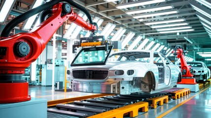 A robotic arm meticulously works on a car body frame along an automated assembly line in a modern, brightly lit automotive manufacturing plant.