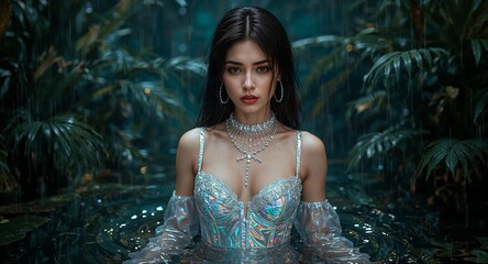 Mystical Asian Cyber Siren Wearing Iridescent Corset in Hologram Rain Forest