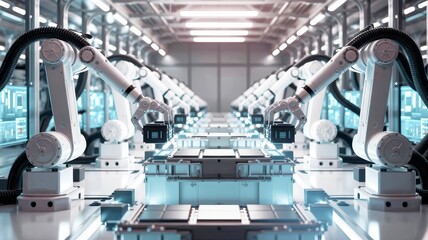A row of advanced robotic arms meticulously assembles battery packs on a modern, brightly lit production line, showcasing efficient and precise automation.