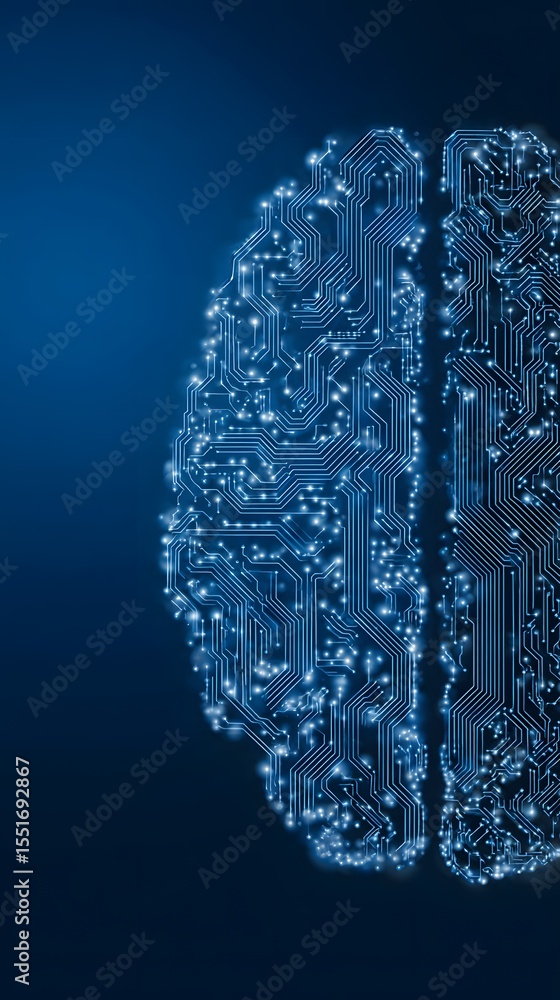 Poster digital brain illustration with glowing circuits symbolizing artificial intelligence and advanced te