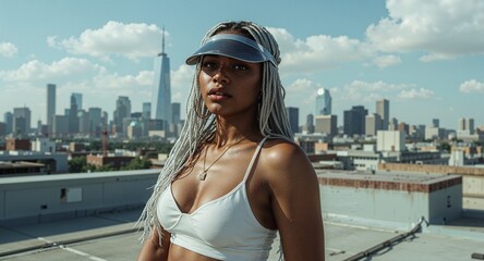 Pretty dark skinned woman with silver braids and chrome visor posing on rooftop with dystopian skyline
