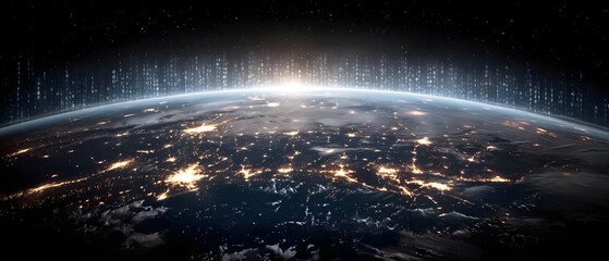 Earth at night with illuminated cities and digital data streams representing global connectivity and technology.