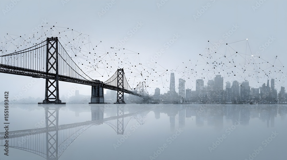 Poster a stylized image merges a suspension bridge with a digital network overlay, connecting to a modern c