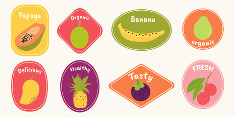 Hand drawn tropical fruit stickers set. Colorful vector labels with papaya, banana, mango, durian, pineapple. Healthy organic summer fruit badges for packaging, markets, juice bars, kids menu.
