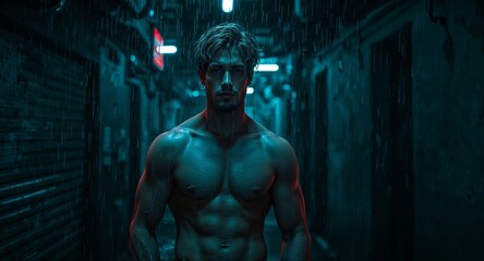 Shirtless muscular blond guy under neon blue rain in cyberpunk alleyway at midnight