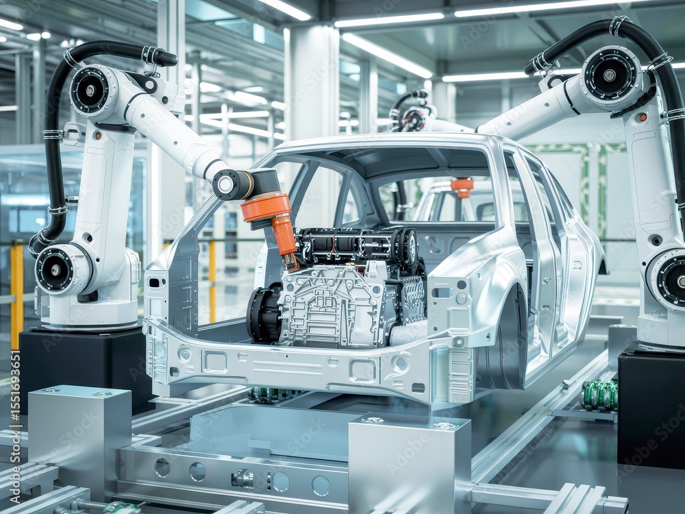 Poster automated robotic arms are installing an engine into a car frame on a modern assembly line. this sho