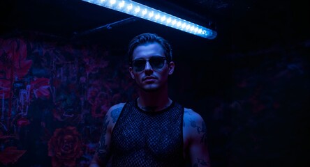 Tattooed guy in torn mesh top under ultraviolet lights in gritty underground nightclub interior