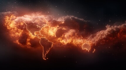 A stunning representation of the world map engulfed in flames, symbolizing change, transformation, and global challenges faced by humanity. It is an impactful digital artwork.