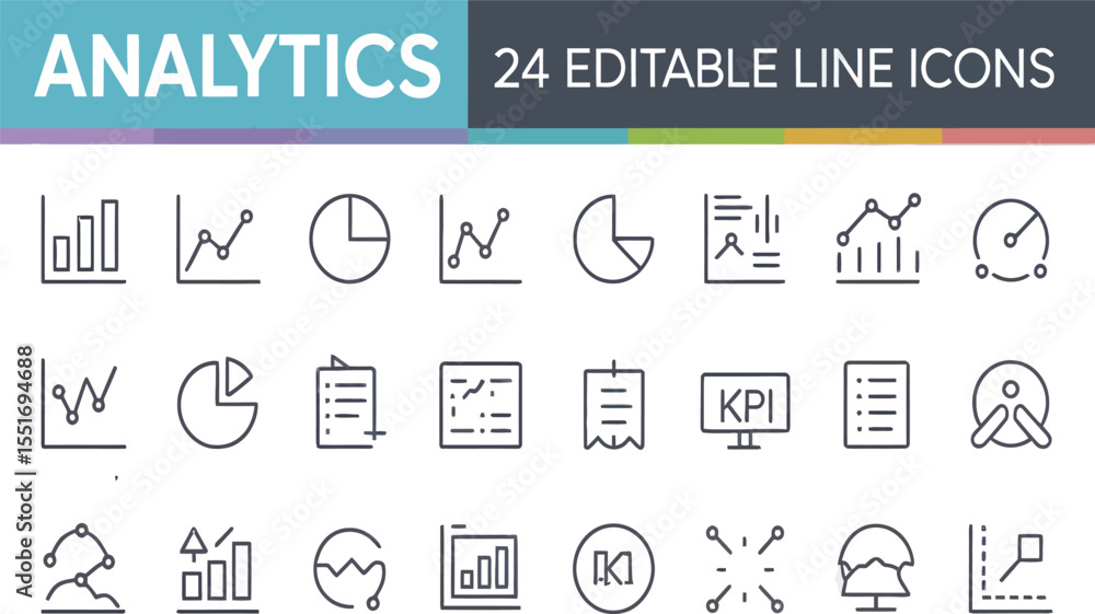 Poster downloadable analytics dashboard icons featuring line charts, pie charts, bar graphs, and kpi data v