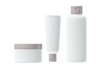 Cosmetic 3D render product packaging mockup set, lotion bottle, cream jar, eye cream tube, clean white plastic, light gray glowing flip top cap. Beauty pack isolated, transparent background.
