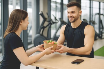 Fitness Couple Sharing Healthy Salad After Workout at Gym – Wellness Lifestyle Concept

