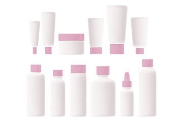 Cosmetic product packaging mockup set, lotion bottle, cream jar, serum dropper, cream tube, clean white plastic, nude pink glowing flip top cap. Beauty spa pack isolated, transparent background.