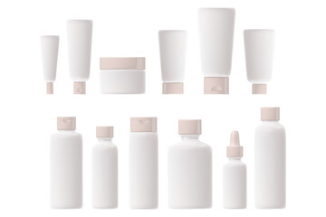 Cosmetic product packaging mockup set, lotion bottle, cream jar, serum dropper, cream tube, clean white plastic, nude beige glowing flip top cap. Beauty spa pack isolated, transparent background.