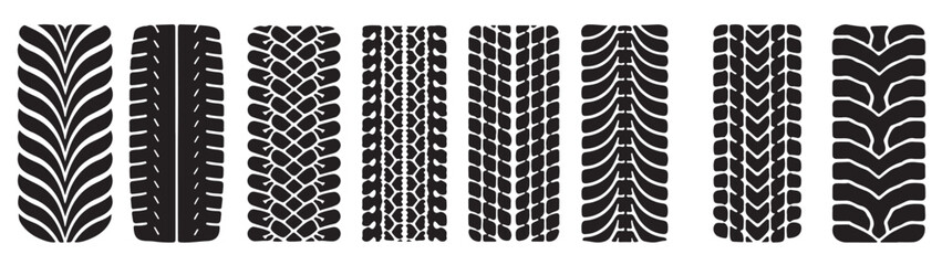 Collection of diverse tire tracks isolated on white background showing different tread patterns from various vehicles, including off-road, bicycle, motorcycle, and heavy-duty truck tires