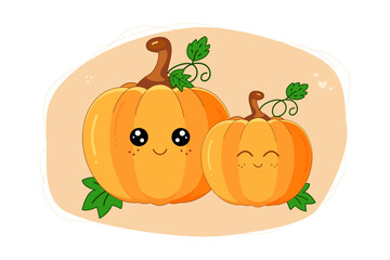 Kawaii pumpkins. Cute couple happy pumpkins cartoon character. Halloween, harvest concept. For poster, card, print, social media, post. 