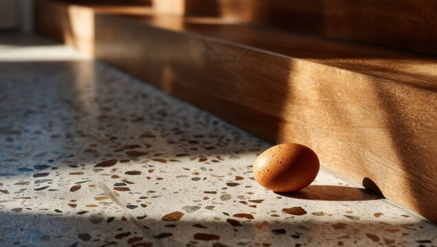 Closeup of an egg on terrazzo floor with modern wooden staircase and warm sunlight tones, ideal for advertising backgrounds, website designs, and social media content.  - Powered by Adobe