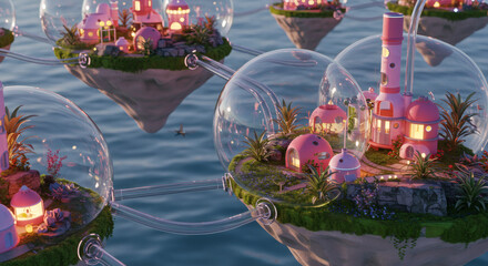 Fototapeta premium Surreal Archipelago Floating Islands in Glass Domes, Digital Art