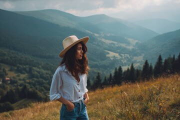 Woman in straw hat blouse and jeans stands in a mountain field gazing at a forested valley