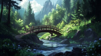 Serene Forest Bridge: A digital painting of a tranquil wooden bridge crossing a calm river in a lush green forest, nestled amidst towering mountains under a bright, partly cloudy sky.