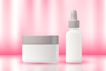 Cosmetic 3D render product packaging mockup set, pink gradient, studio light, cream jar, serum dropper, clear matte glass, light gray glowing cap with reflection. Beauty sale banner.